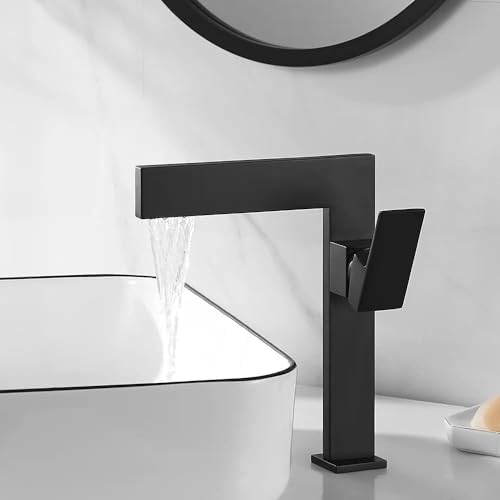 KunMai Matte Black Faucet Waterfall Sink Faucet Single Handle Above Counter