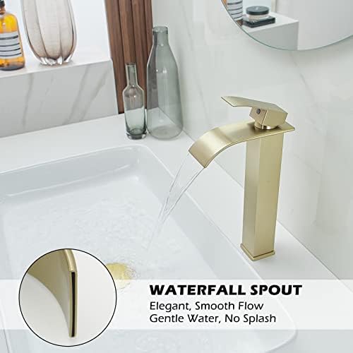 Stunning Tall Faucets Waterfall Faucet for Bathroom Sink Single Handle Brushed Gold