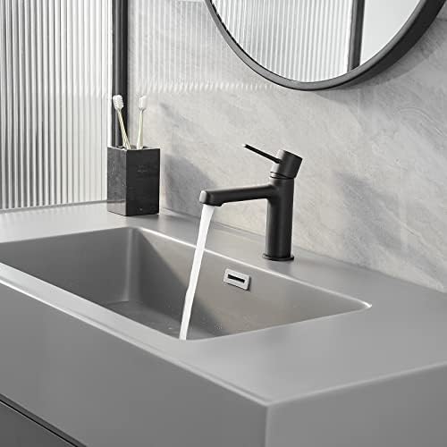 Bathfineness Single-Hole Matte Black Brass Bathroom Faucet with Pop-Up Drain