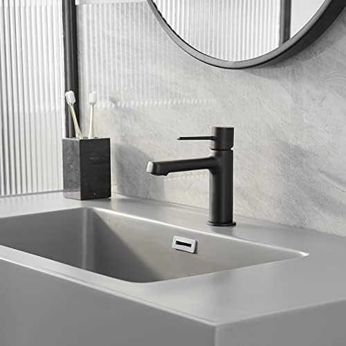Bathfineness Single-Hole Matte Black Brass Bathroom Faucet with Pop-Up Drain