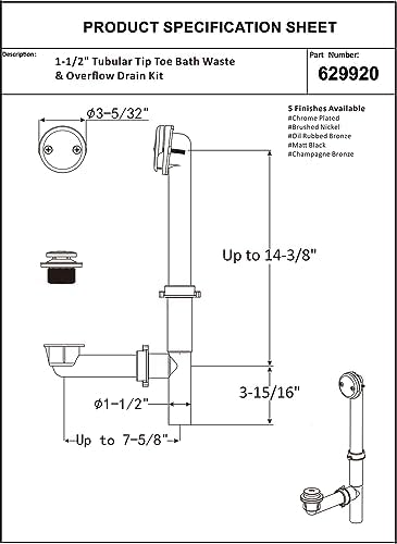 Artiwell 1-12 Black Tubular Bathtub Drain Kit with Overflow and Plug