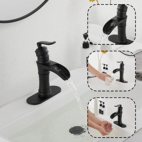 GGStudy Premium Waterfall Bathroom Faucet Single Handle One Hole Black Matte Black