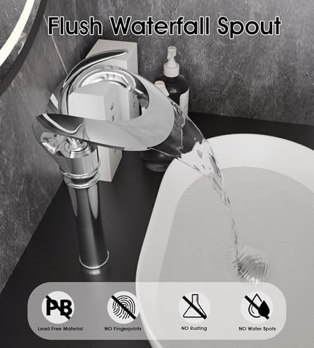 Elegant Locations AUU Waterfall Chrome Vessel Sink Faucet Solid Brass Chrome Tall