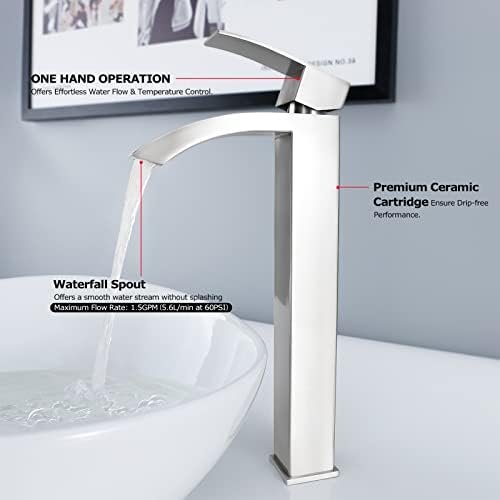EZANDA Single Handle Vessel Sink Faucet - Waterfall Tall Bathroom Sink