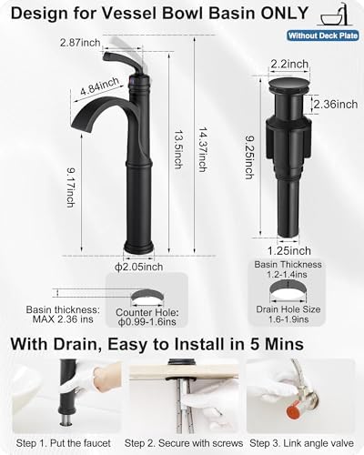 Tall Black Vessel Faucet Non-Leakage Touch On Faucet for Bathroom