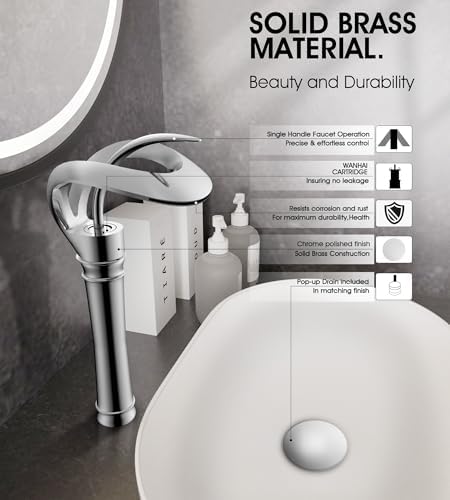Elegant Locations AUU Waterfall Chrome Vessel Sink Faucet Solid Brass Chrome Tall