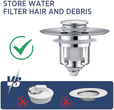 ADKADI 2-in-1 Bathroom Sink Stopper Chrome Silver