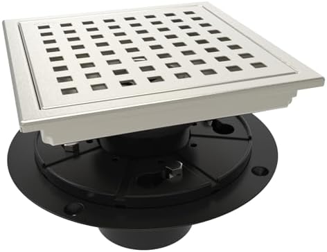 6 Inch Square Shower Drain with Removable Grate SUS 304 Steel Brushed Nickel