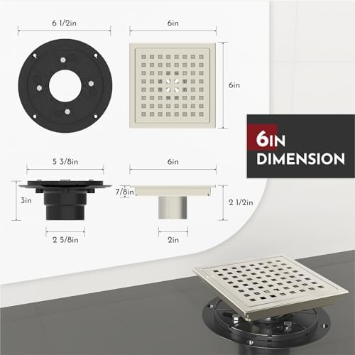 6 Inch Square Shower Drain with Removable Grate SUS 304 Steel Brushed Nickel