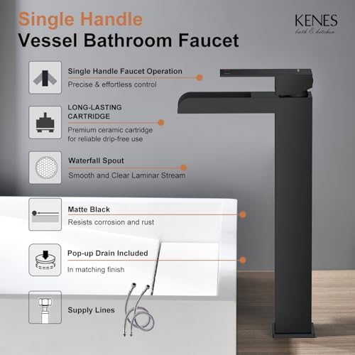 KENES Tall Bathroom Faucet Modern Design with Matte Black Finish