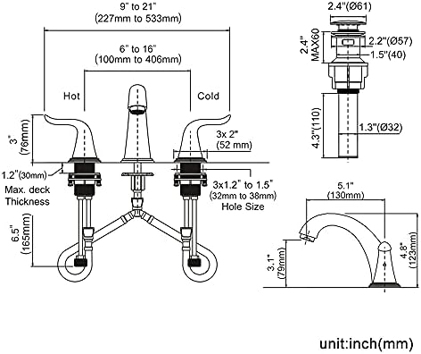 WOWOW 3-Hole Black Widespread Faucet
