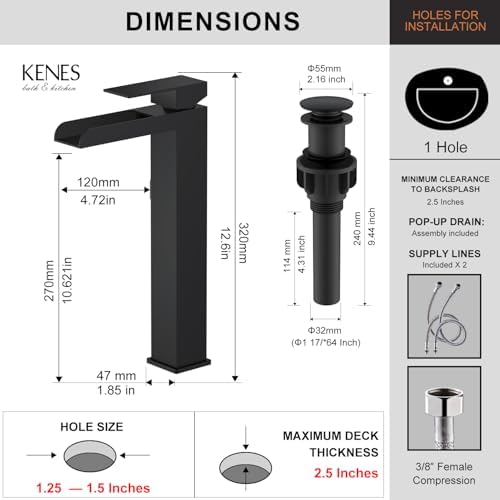 KENES Tall Bathroom Faucet Modern Design with Matte Black Finish
