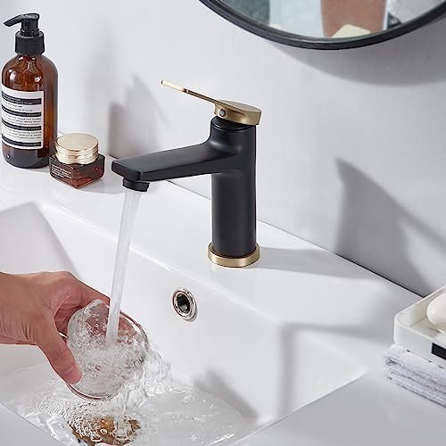 SHACO Brushed Gold Matte Black Single Hole Bathroom Faucet