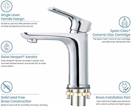 KIBI Durable Stylish Single Handle Bathroom Sink Faucet Chrome Finish Rust-Resistant