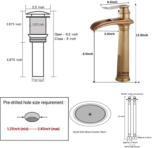 Tall antique brass bathroom faucet with ceramic disc and US fittings