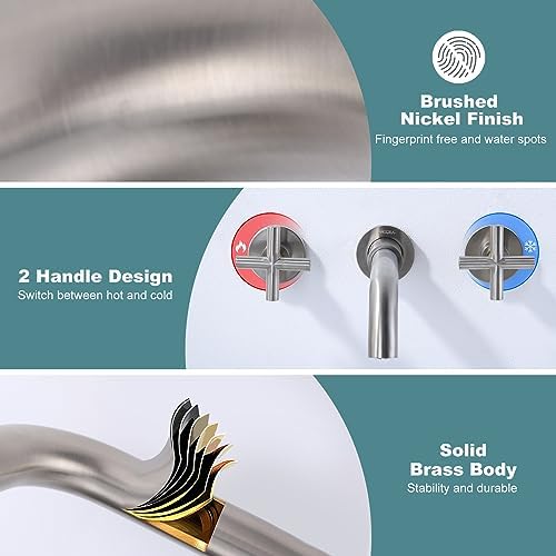 Arcora Brushed Nickel Bathroom Faucet Wall-Mounted with 2 Handles