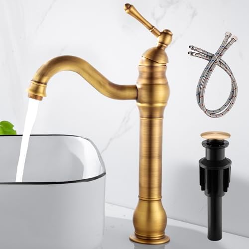 Antique Brass Tall Bathroom Faucet with Swivel