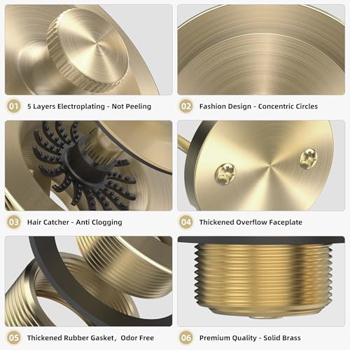 Sleek champagne-brushed gold bronze bathtub drain