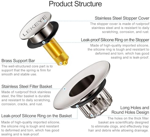 Efficient 2-in-1 bathtub drain stopper with hair trap Rustproof Durable