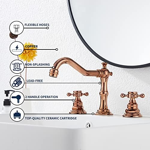 GGStudy 8-16inch Two Handles 3 Holes Widespread Bathroom Sink Faucet Copper Basin