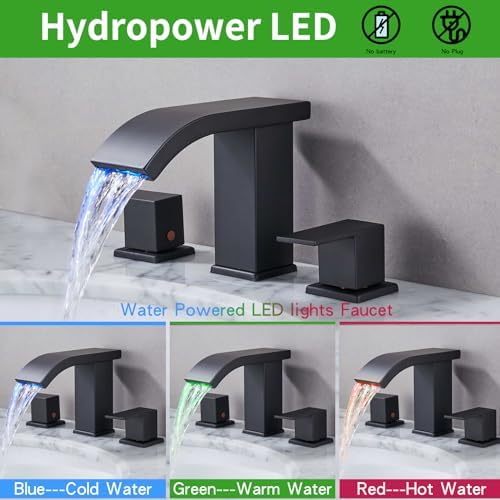 Skybathjoy - LED 3-Hole Bathroom Faucet waterfall design black anti-clog feature