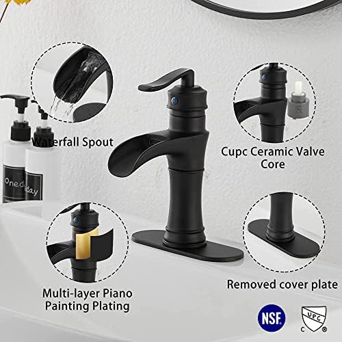 GGStudy Premium Waterfall Bathroom Faucet Single Handle One Hole Black Matte Black