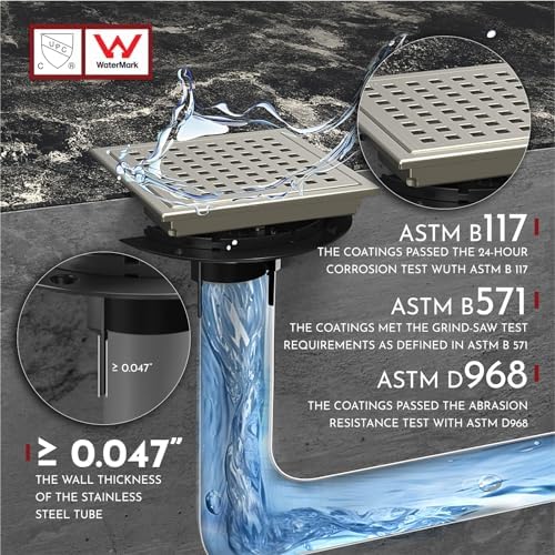 6 Inch Square Shower Drain with Removable Grate SUS 304 Steel Brushed Nickel