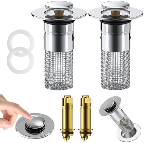 Premium 2pc Bathroom Sink Stopper Hair Strainer Stainless Steel