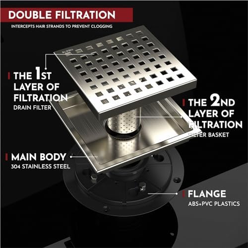 6 Inch Square Shower Drain with Removable Grate SUS 304 Steel Brushed Nickel